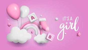 Baby shower 3d space. Banner poster on Baby shower in render style. Lettering it's a boy. Vector  in 3 d style.