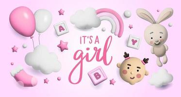 Baby shower 3d space. Banner poster on Baby shower in render style. Lettering it's a girl. Vector  in 3 d style.