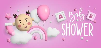 Baby shower 3d space. Banner poster on Baby shower in render style. Lettering baby. illustration in 3 d style. vector