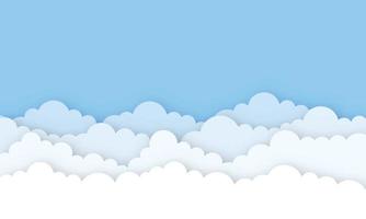 nube de dibujos animados en estilo de corte de papel de cielo azul, ilustración de tarjeta muchas nubes. nubes de día soleado. estilo de arte de papel creativo, ilustración vectorial. vector