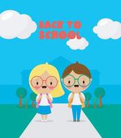 banner de regreso a la escuela con linda niña y niño. ilustración vectorial en estilo de dibujos animados. vector