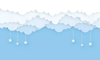 cielo azul y nubes en estilo de corte de papel con diseño de estrella para telón de fondo, afiche, pancarta, plantilla, papel tapiz, publicidad. ilustración vectorial vector