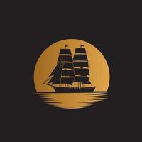 Ship sailboat on the ocean with gold moon background illustration logo design vector