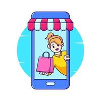 mujer que lleva bolsas de compras en la ilustración de vector de teléfono móvil. caricatura, mujer, compra, en, tienda en línea