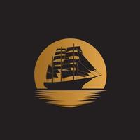 Ship sailboat on the ocean with gold moon background illustration logo design vector