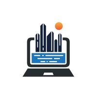 Monitor screen computer with buildings real estate illustration logo design vector