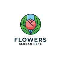 flores planta simple con logotipo de emblema de círculo de hoja vector