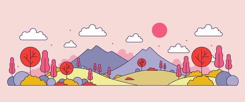 panorama de la temporada de otoño con árboles rojos y diseño vectorial de ilustración de montaña vector