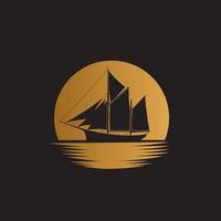 Ship sailboat on the ocean with gold moon background illustration logo design vector