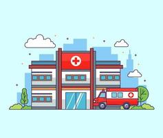 edificios de hospital con diseño de vector de ilustración plana de ambulancia