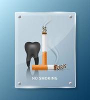 Forbidden no smoking sign, tooth inside square translucent glass panels for stick wall. Dangers of smoking. Smoking effect on with people around and family. World No Tobacco Day. 3D vector. vector