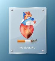 Forbidden no smoking sign, heart inside square translucent glass panels for stick wall. Dangers of smoking. Smoking effect on with people around and family. World No Tobacco Day. 3D vector. vector
