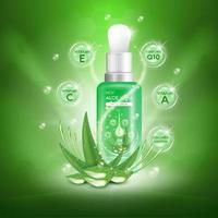 planta de aloe vera con gotas frescas y botella de vidrio cuentagotas. Suero de colágeno y vitaminas. cuidado de la piel, diseño de carteles de anuncios de productos cosméticos de belleza. ilustración vectorial 3d realista vector