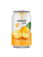 Orange juice soft drink in aluminum can and design of orange fruit yellow packaging mock up.  Isolated on a white background. Realistic vector EPS10 illustration.