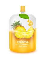 Pineapple juice jelly drink in foil pouch with top cap and design of pineapple fruit red packaging mock up. Isolated on a white background. Realistic 3D vector EPS10 illustration.