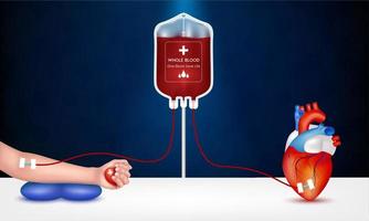 Recipient to donate blood and human heart. Blood donation concept heart medical sign. Give blood save life, World blood donor day June 14. 3D Vector EPS10 illustration.