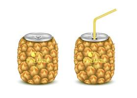 Fresh pineapple fruit juice soft drink with lid aluminum can and drinking straw. Isolated on a white background. Healthy fruit drink concept. Realistic 3D vector EPS10 illustration.