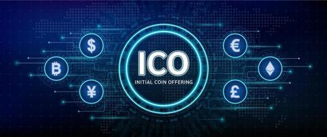 oferta inicial de monedas ico. en una cadena de bloques de interfaz de usuario electrónica digital. fondo futurista con mapa del mundo. concepto de negocio, tecnología, internet y red. eps10 vectoriales. vector