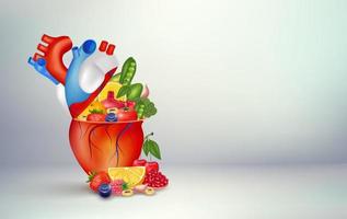 mejor alimento para un corazón sano. nutrientes esenciales para la salud del corazón humano principal. carácter de corazón fuerte. dieta frutas y verduras. conceptos médicos y de salud. aislado sobre fondo blanco vector 3d.