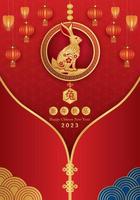 Card happy Chinese New Year 2023, Rabbit zodiac sign on red color background. Chinese Translation happy new year 2023, year of the Rabbit. Vector EPS10.