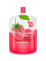 Raspberry juice jelly drink in foil pouch with top cap and design of raspberry fruit red packaging mock up. Isolated on a white background. Realistic 3D vector EPS10 illustration.