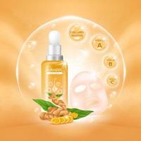 Turmeric root Serum Extract, Collagen and Vitamin. Oil for skin care herb organic medical. Realistic Vector EPS10.