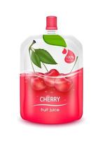 Cherry  juice jelly drink in foil pouch with top cap and design of cherry fruit red packaging mock up. Isolated on a white background. Realistic 3D vector EPS10 illustration.