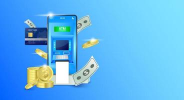 Smartphone with shop app. Credit card and coin. ATM Automated. Teller machine 24 hour. Money transfers financial transactions. Template for advertisement horizontal long. On blue background. Vector. vector