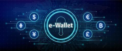 Digital wallet or E-Wallet. Currency symbols Dollar, euro, yen, pound, bitcoin and ethereum. Internet banking app. Mobile phone payment with NFC technology. On futuristic world background. Vector.