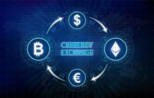 Currency exchange dollar, euro and bitcoin, ethereum. Token cryptocurrency. Money transfer on stock exchange international trading. Digital online technology blockchain stock market. Vector EPS10.