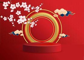 feliz Año Nuevo Chino. escenario de podio con flor de sakura. festivales chinos. signo del año del zodiaco sobre fondo de color rojo vector