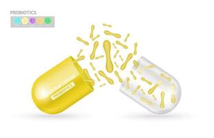 Probiotics lactic acid bacterium in milk, yogurt. Bifidobacterium yellow inside capsule transparent. Health benefits of taking probiotics. Digestion healthcare medical concept. Vector EPS10.