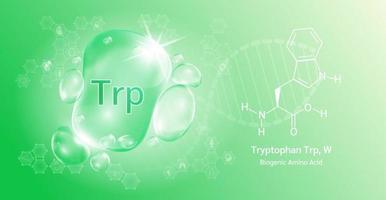 Water drop Important amino acid  Tryptophan Trp, W and structural chemical formula. Tryptophan on a green background. Medical and scientific concepts. 3D Vector Illustration.