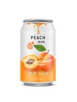 Peach juice soft drink in aluminum can and design of peach fruit yellow packaging mock up.  Isolated on a white background. Realistic vector EPS10 illustration.