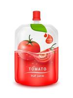 bebida de gelatina de jugo de tomate en una bolsa de aluminio con tapa superior y diseño de maqueta de empaque rojo de fruta de tomate. Aislado en un fondo blanco. ilustración vectorial 3d realista eps10. vector