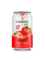 Strawberry juice soft drink in aluminum can and design of strawberries fruit red packaging mock up.  Isolated on a white background. Realistic vector EPS10 illustration.