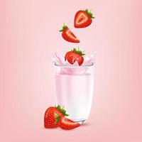 Strawberry sweet pink milk with berries and splashes realistic, Fruit and yogurt. vector 3d illustration.