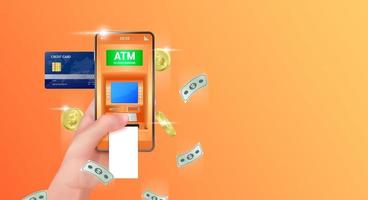 Hand holding smartphone with online payment app, Credit card and coin. ATM Automated. Teller machine 24 hour. Money transfers financial transactions. Template for advertisement horizontal long vector. vector