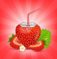 Fresh strawberry juice soft drink with lid aluminum can and drinking straw. Isolated on a red background. Healthy fruit drink concept. Realistic 3D vector EPS10 illustration.