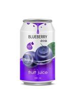 Blueberry juice soft drink in aluminum can and design of blueberries fruit purple packaging mock up.  Isolated on a white background. Realistic vector EPS10 illustration.