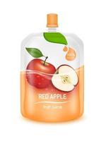 Red apple juice jelly drink in foil pouch with top cap and design of apple fruit red packaging mock up. Isolated on a white background. Realistic 3D vector EPS10 illustration.