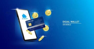 E-wallet Digital wallet application on mobile internet banking. Online payment security via credit card. Online money transaction concept. Coin icon on blue background. Vector EPS10 illustration.