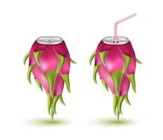 Fresh dragon fruit juice soft drink with lid aluminum can and drinking straw. Isolated on a white background. Healthy fruit drink concept. Realistic 3D vector EPS10 illustration.