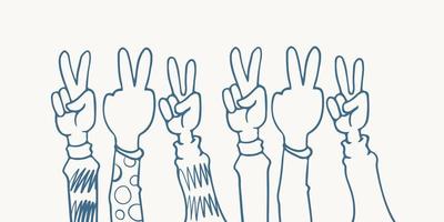 dibujado a mano seis manos aplaudiendo ilustración de ovación con pose de paz. vector