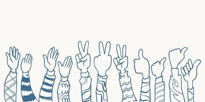 hand drawn hands five, thumb up and peace pose clapping ovation vector