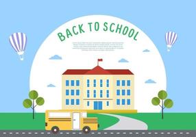 Back to school education background with school building, balloon, bus vector