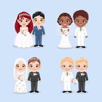 Set of Diverse Bride and Groom or Muslim Wedding, American African Wedding, LGBTQ Wedding,  Marriage Design Concept Vector