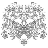 mariposa y corazón dibujados a mano para el libro de colorear para adultos vector
