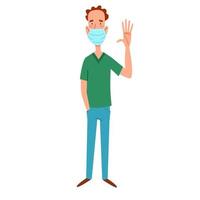 A fashionable thin man in a medical mask greets. Friendly greeting of a young guy. vector