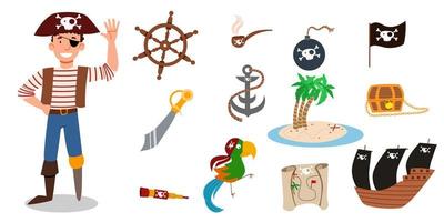 A set of pirate items. a pirate character in a suit, wearing a hat, without a leg and with an eye patch. vector